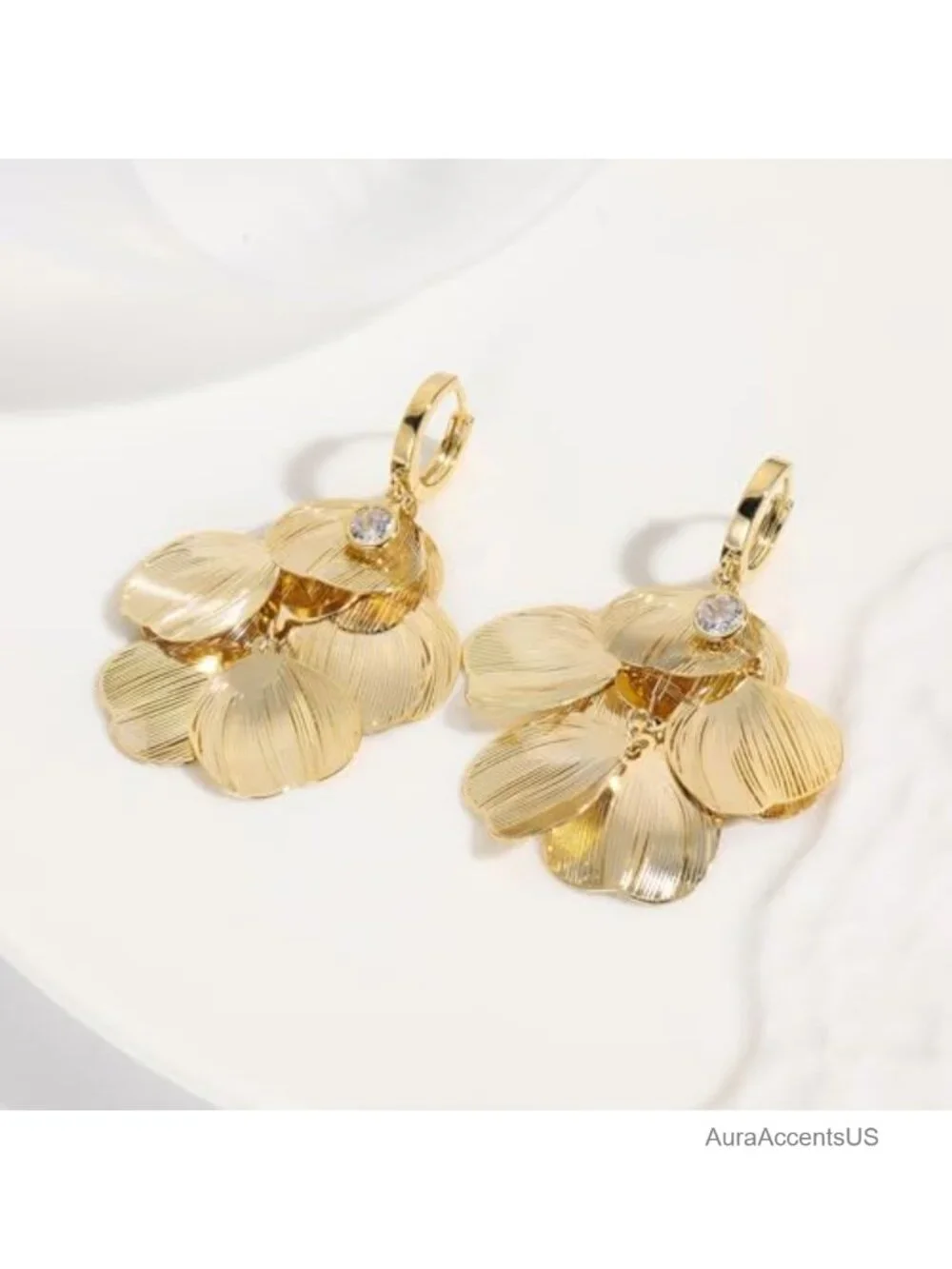 Boho Flower Layered Floral Leaf Drop Dangle Earrings Women 14k Gold Plated CZ